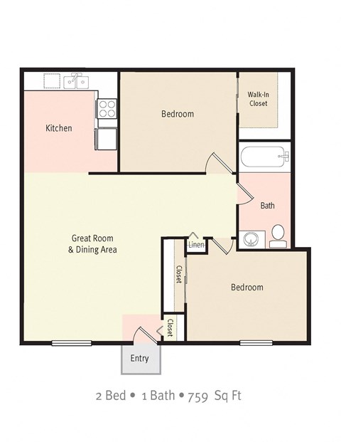 Floor plan for 2 beds, 1 bath, 864 sqft